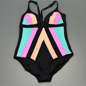City Chic One Piece Swimsuit Sz Medium Color Block 80s retro look flattering NEW